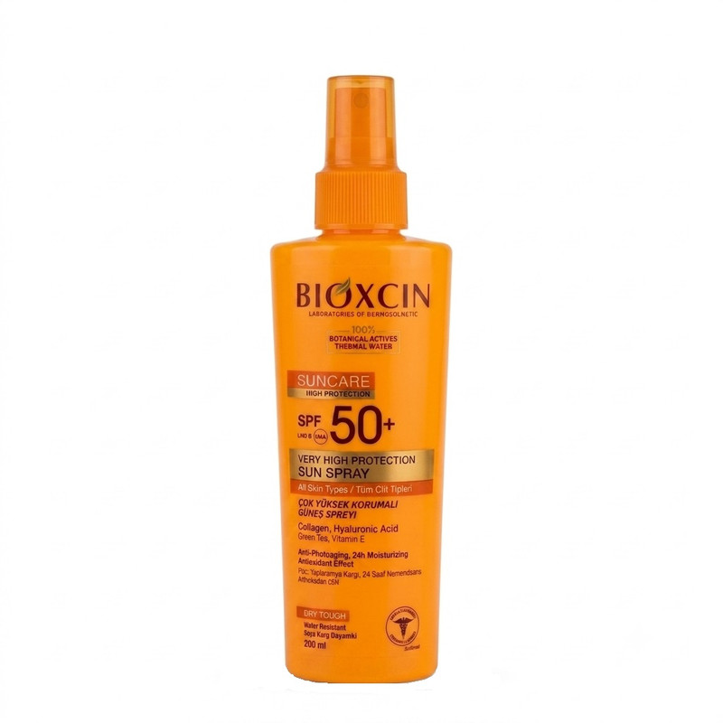 اسپری ضد آفتاب بی‌رنگ بیوکسین SPF 50 مدل High protection ‌مناسب برای انواع پوست حجم 200 میلی‌لیتر